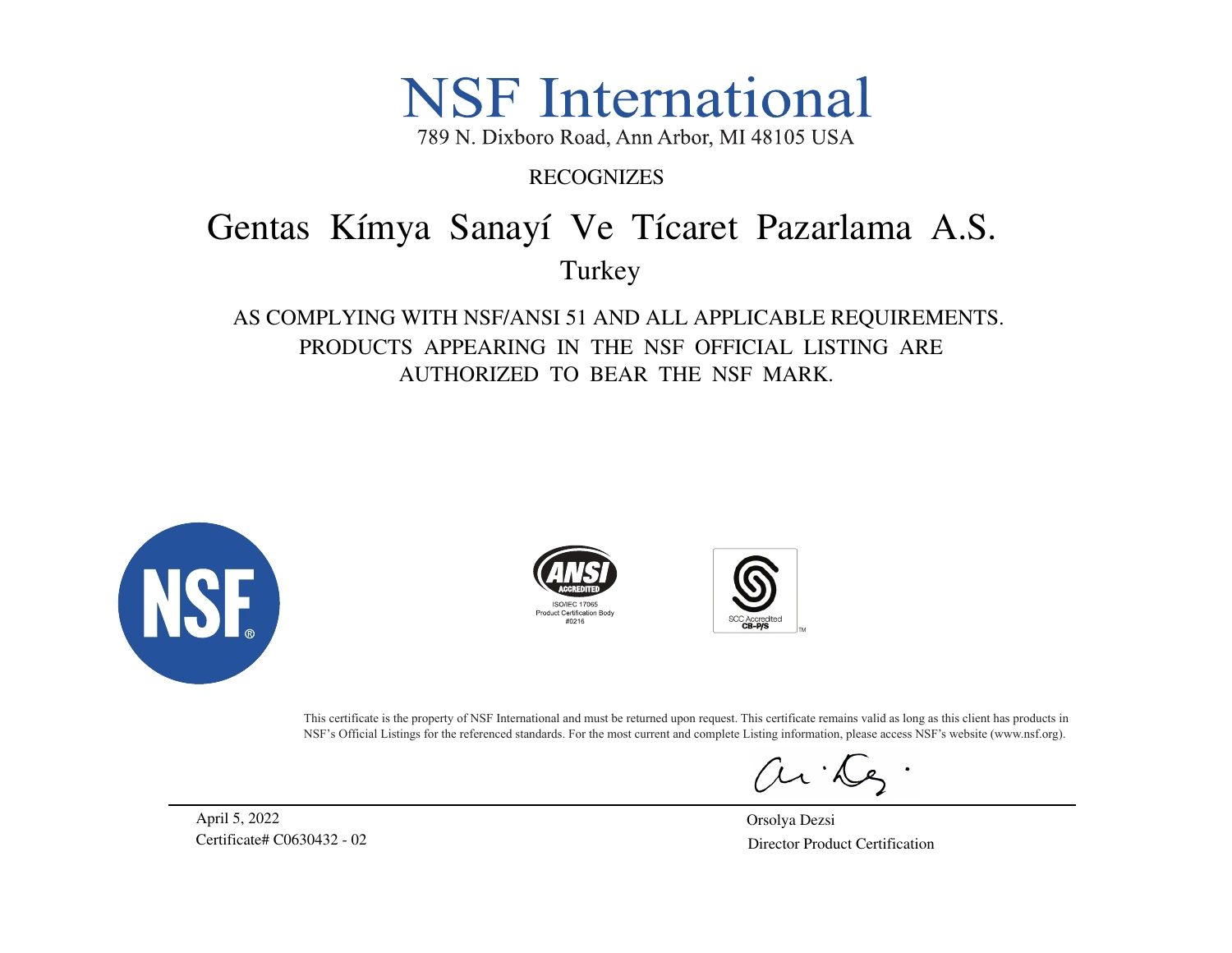 Gentaş Kimya için NSF/ANSI 51 sertifika belgesinin önizlemesi, 5 Nisan 2022